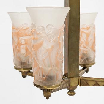 A brass and glass Art Deco ceiling light, probably France, first half of the 20th Century.