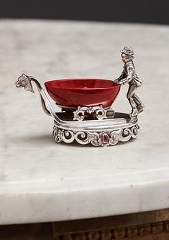 A Fabergé purpurin and silver salt-cellar, workmaster Erik Kollin, St. Petersburg before 1896. Scratched inventory no.