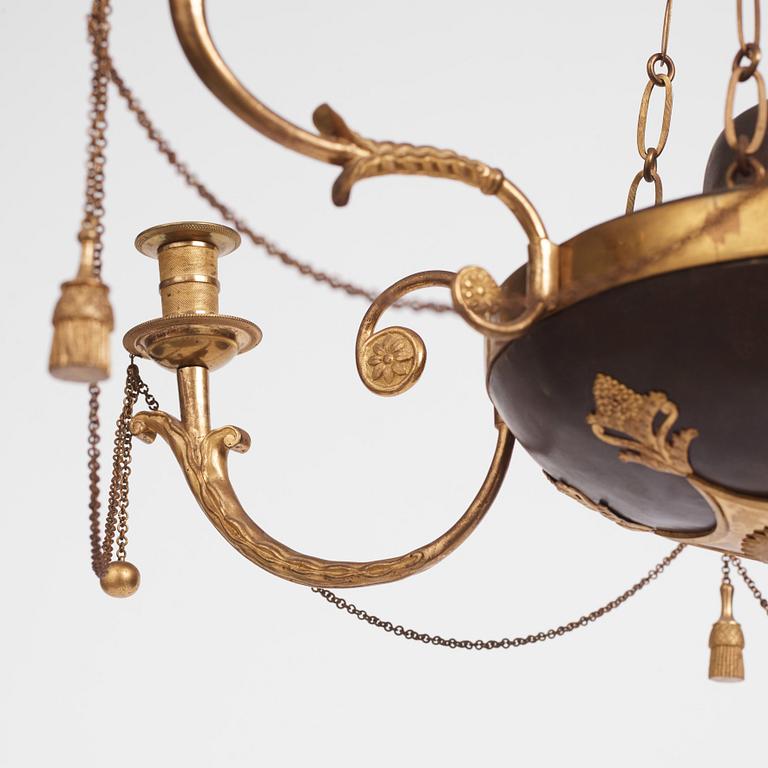 A late Gustavian ormolu and patinated bronze six-branch chandelier, Stockholm circa 1800.