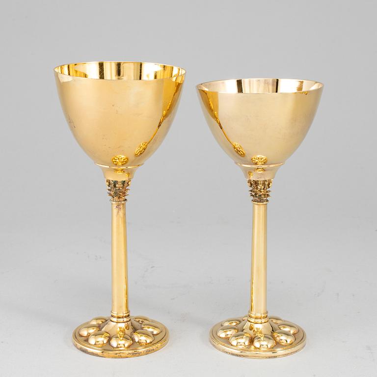 A set of twelve (6+6) goblets, gilt metal, Miguel Berrocal, Spain 20th century.