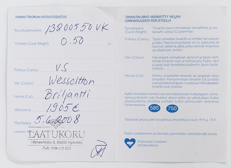 SORMUS, 14K kultaa, timantteja n. 0.50 ct yht. Mallikoru, Helsinki 2006.