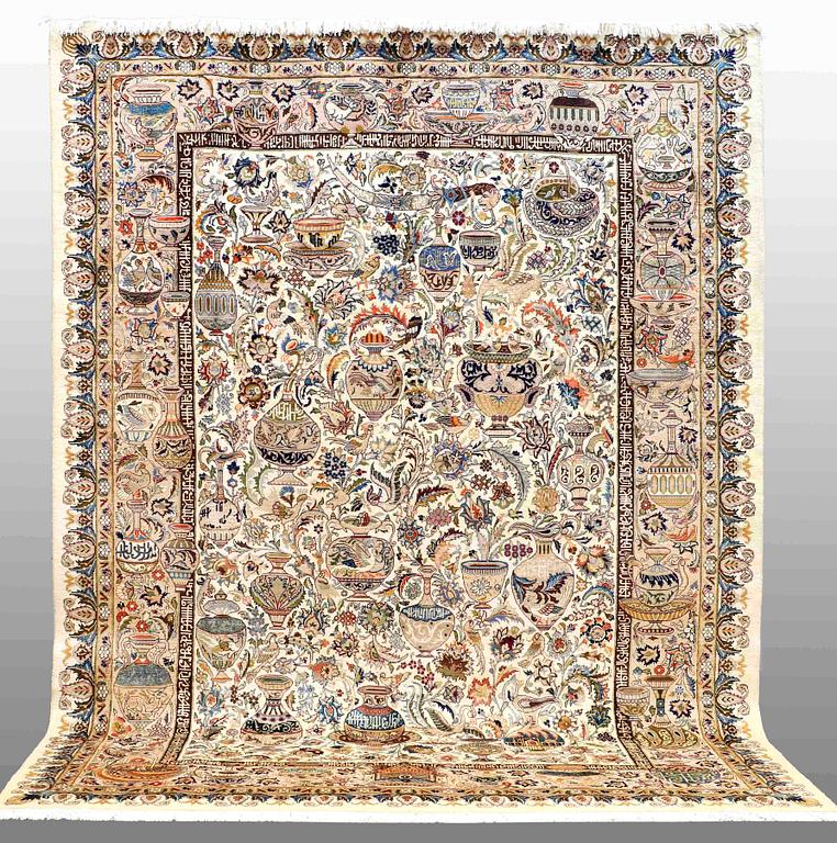 A CARPET, Figural kashmar, ca 392 x 295 cm.