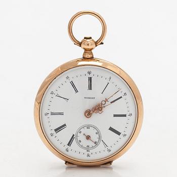 Pocket watch, Tobias, 34 mm, 14K gold, lever escapement, plastic crystal.