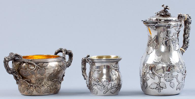 A Swedish 19th century parcel-gilt four piece coffée-set, makers mark of Gustaf Möllenborg, Stockholm 1849.