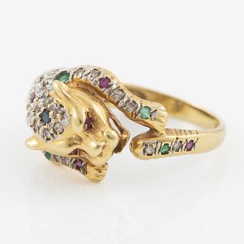 Ring, in the form of a panther, 18K gold with diamonds, sapphires, rubies, and emeralds.