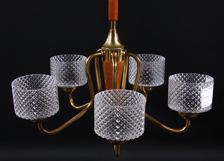 TAKLAMPA, teak, mässing, glas,  möjligen Orrefors, 1950-60-tal.