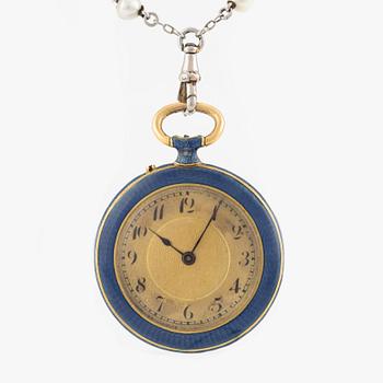 Pocket watch, enamel with diamond, with a chain featuring enamel bars, triangular diamonds, and pearls.