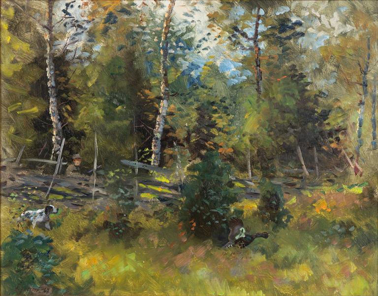 Lindorm Liljefors, Forest Landscape with Hunter, Dog, and Capercaillie.