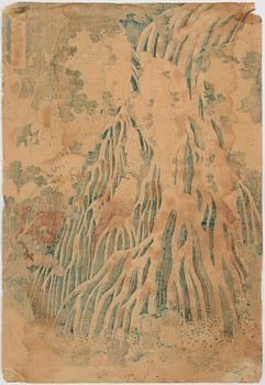 KATSUSHIKA HOKUSAI (1760–1849), after, colour woodblock print, Japan, "The Falling Mist Waterfall".