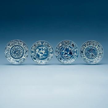 1674. A set of four odd blue and white kraak dishes, Ming dynasty, Wanli (1572-1620).