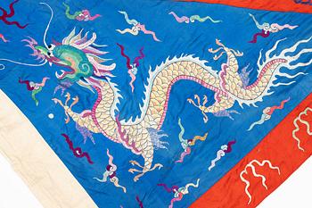 A Chinese embroidered triangular silk banner, late Qing dynasty/possibly early 20th century.