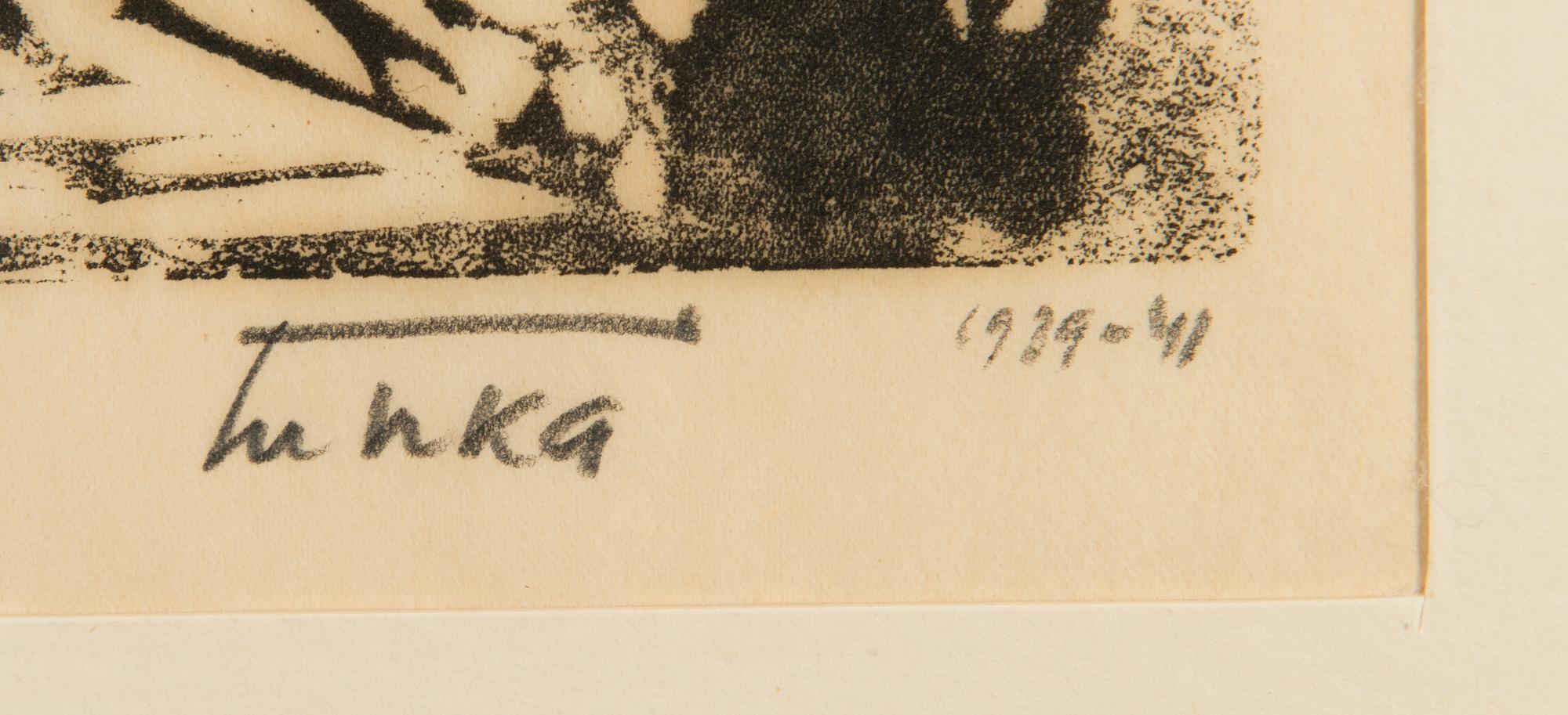 AUKUSTI TUHKA, puupiirros, signeerattu, päivätty 1939-41 ja merkitty K.p.v. 1959 ja leimattu.