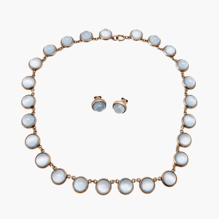 A silver and glass necklace and a pair of earrings by Mattsson & Olsson Malmö 1957.