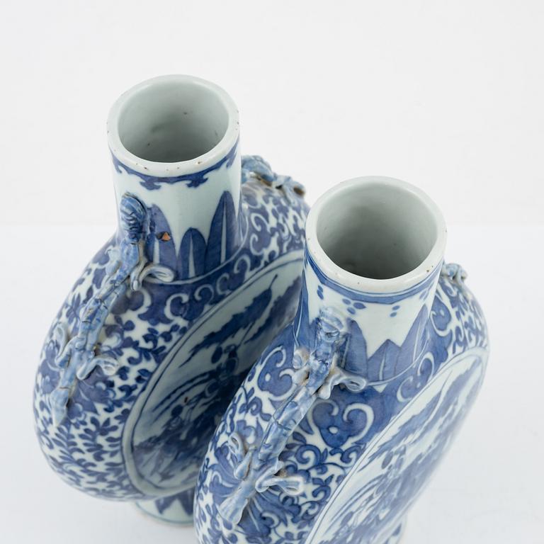 A matched pair of blue and white moon flasks, Qing dynasty, late 19th century.