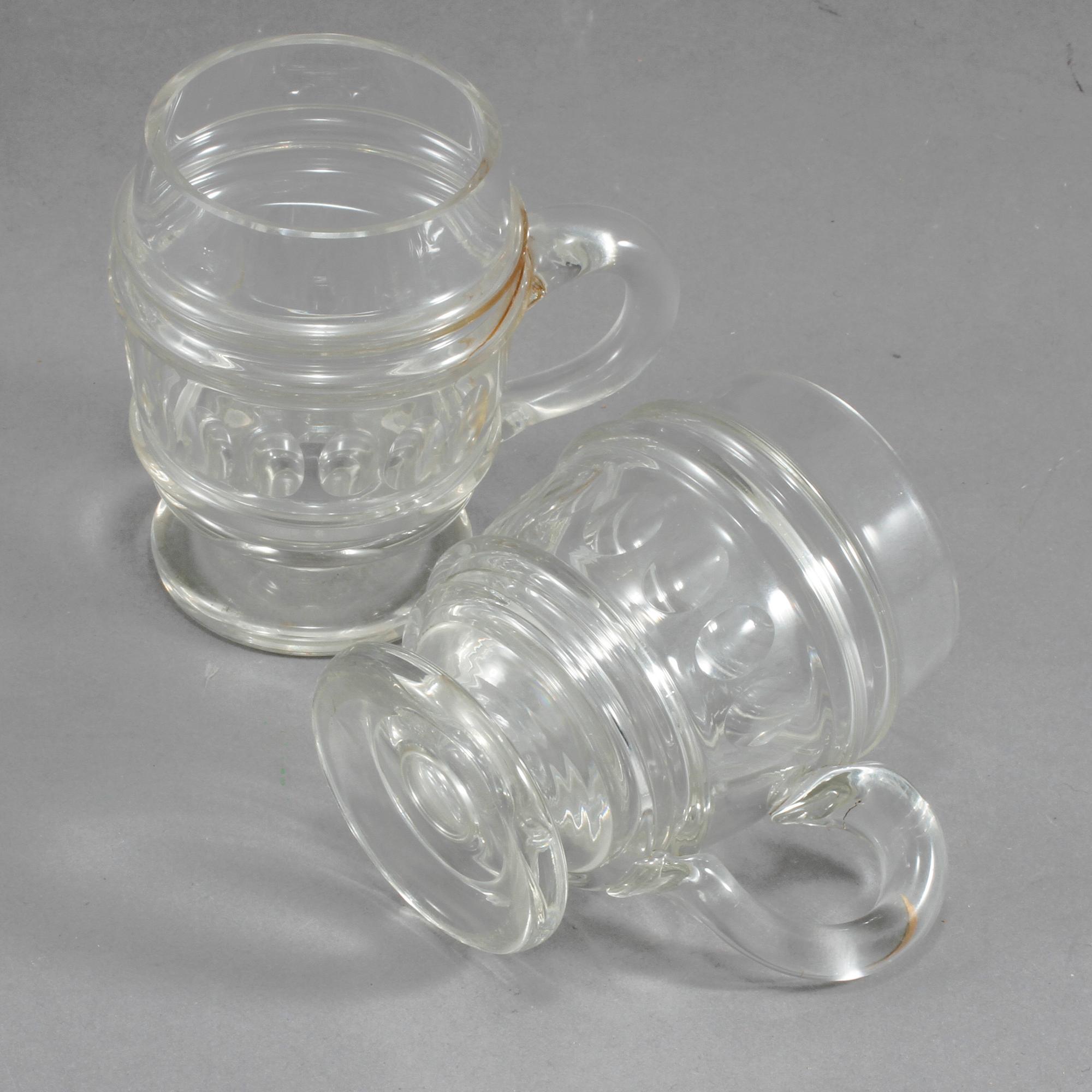 MUGGAR, 2 st, SAMT BÅLSKÅL MED LOCK OCH FAT, glas, 1800-tal.