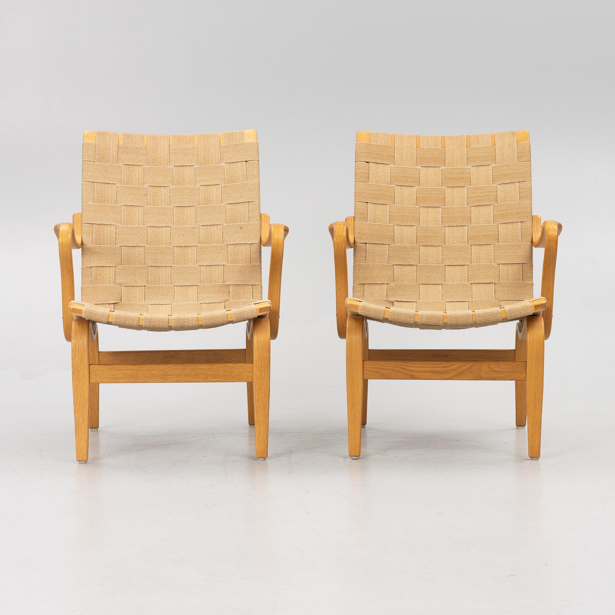 Bruno Mathsson, a pair of 'Eva' armchairs, Firma Karl Mathsson, Värnamo, 1973.