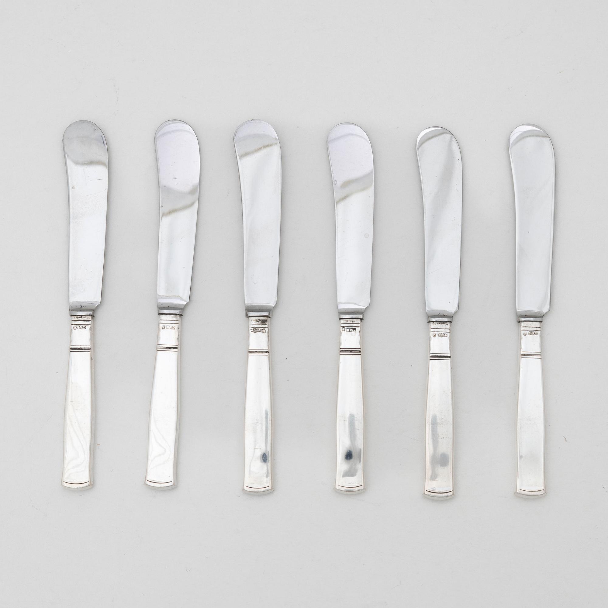 Jacob Ängman, a set of six silver butter knives, 'Rosenholm', GAB, Stockholm 1950s.