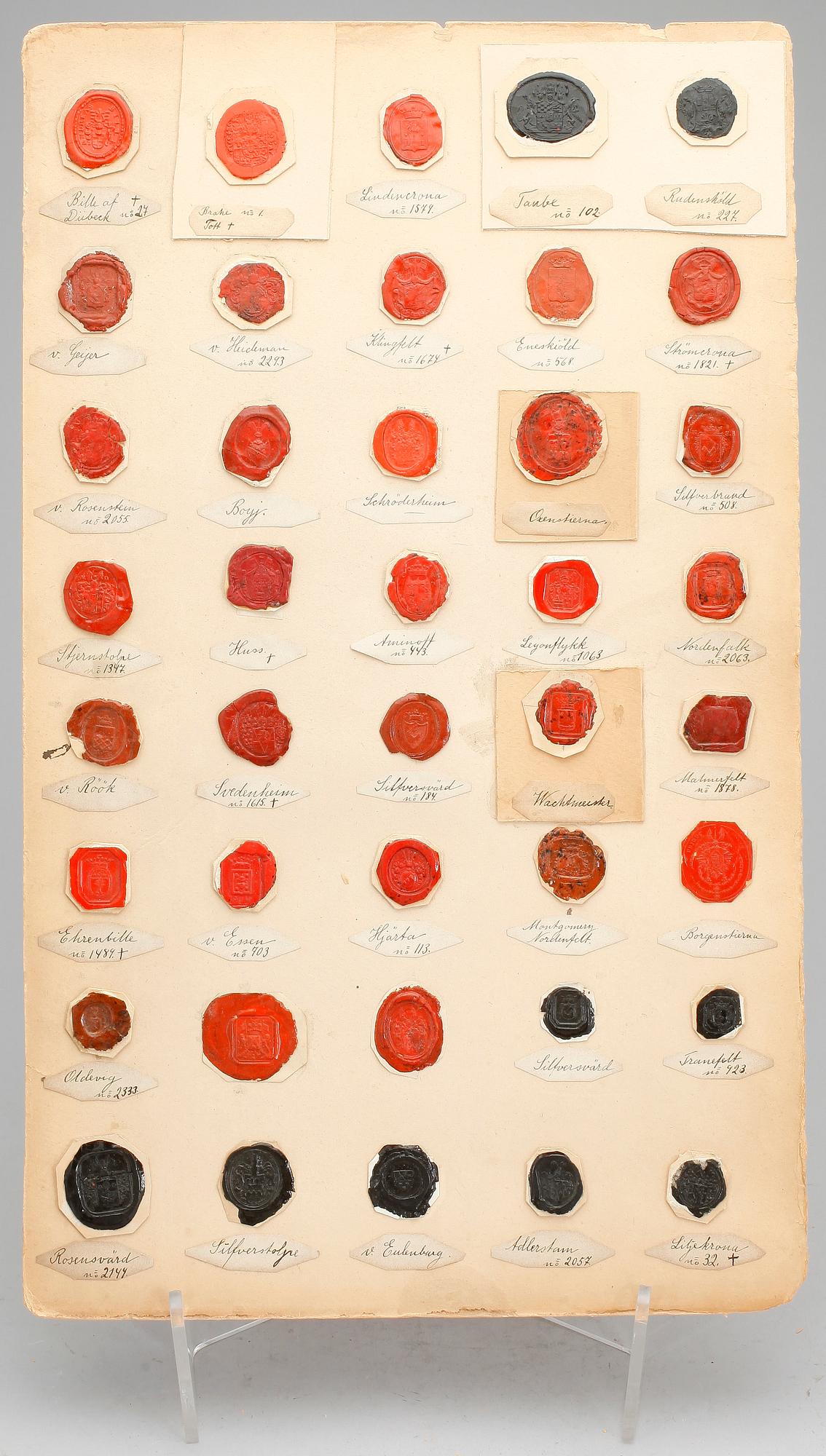 SIGILLSAMLING, 7 blad, mestadels svenska adelsvapen, 1800-tal.