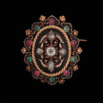 40. HÄNGE / BROSCH, gammal- och rosenslipade diamanter, tot ca 0.60 ct, med smaragder, rubiner. Frankrike, 1800-tal.