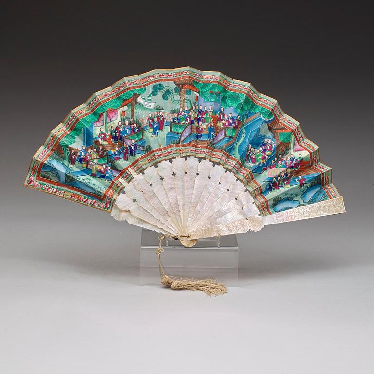 A watercolour on paper mother of pearl fan, Qing dynasty, 19th century.