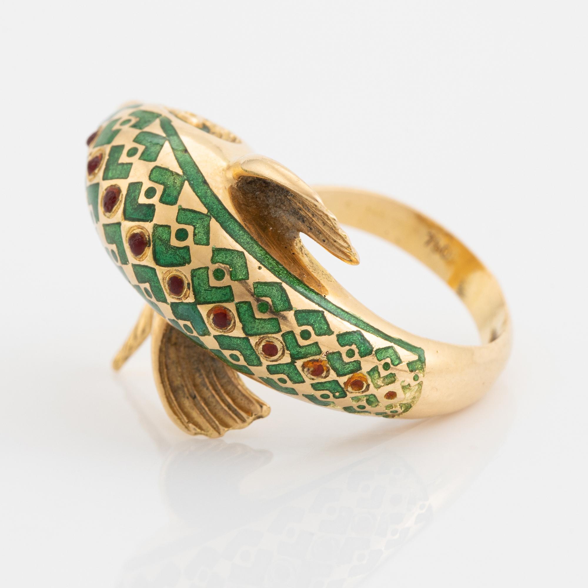 18K gold and green enamel dolphin ring.