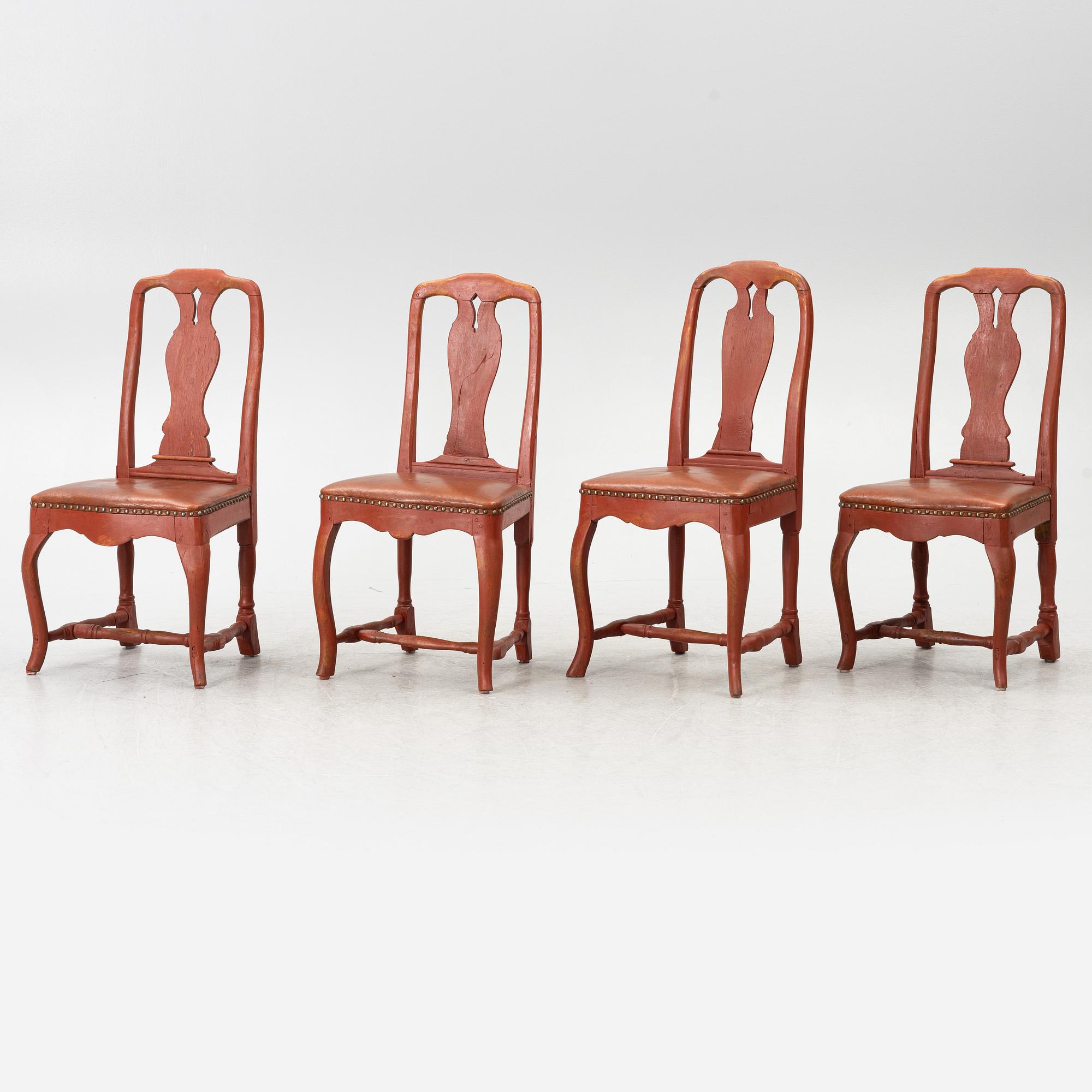 A set of four Swedish rococo chairs, later part 18th century.