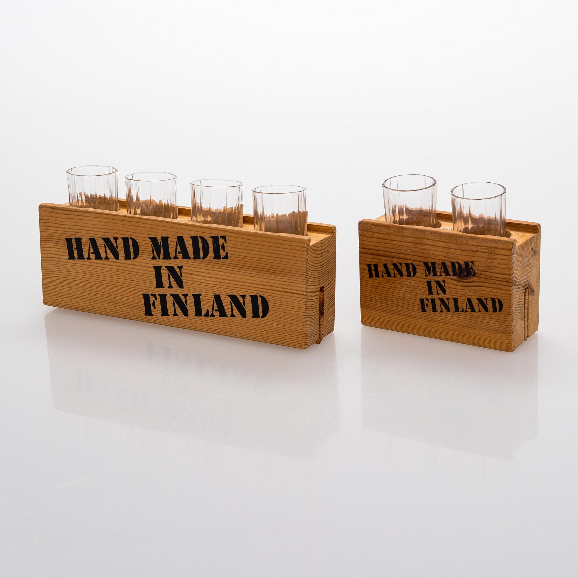 Heikki Orvola, two sets of 70s 'Spektro' schnapps glasses for Arabia, in wood boxes, four and two in each.