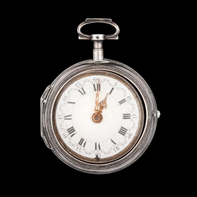 FICKUR, spindelur med slag, ytterboett och boett silver, Le Count, London, 1700-tal.