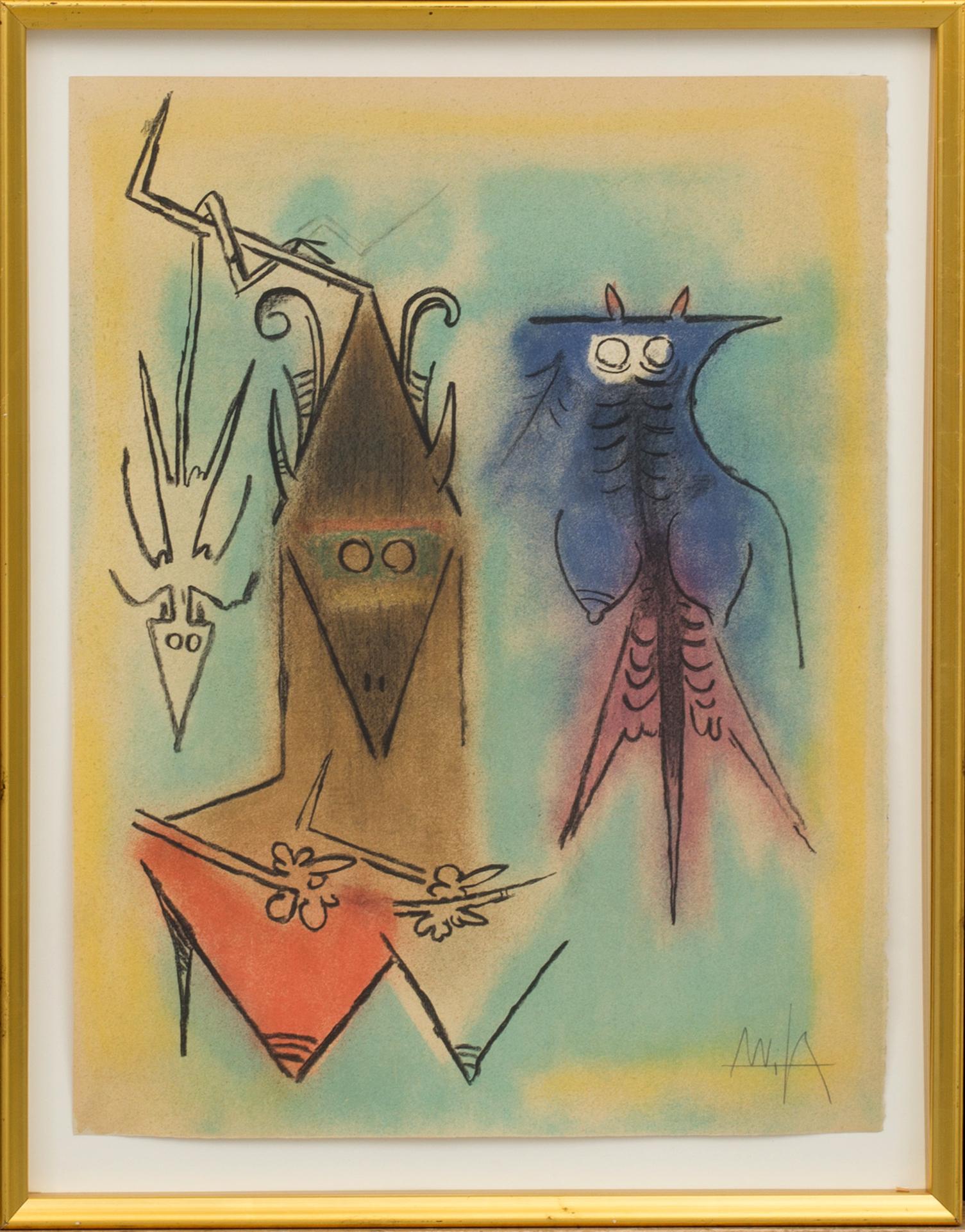WIFREDO LAM, a lithograph in color. Signed.