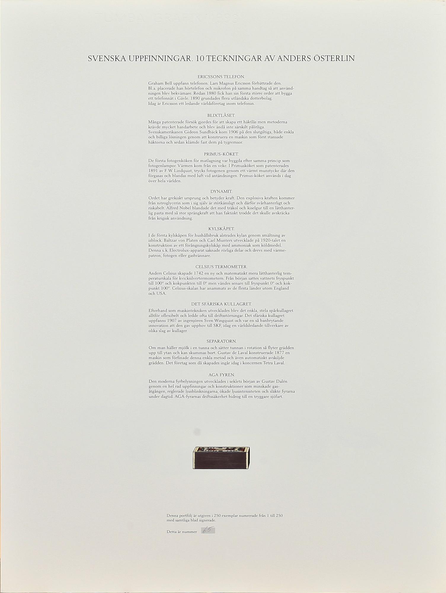 ANDERS ÖSTERLIN, litografier, mapp, "Svenska uppfinningar", signerade och numrerade 65/250.