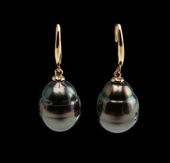565. A PAIR OF EARRINGS, tahitian pearls 11 mm. 14K gold. Length 29 mm.
