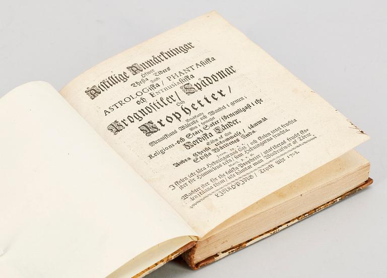 BOK, "Åtskillige Anmärkningar öfwer thessa tiders Astrologiska...Prognostiker/Spådomar.." av Magnus Gabriel von Block, Linköping 1708.