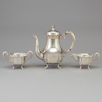 KAFFESERVIS, 3 delar, silver, rokokostil, 1900-talets mitt.