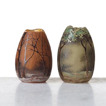 Daum, two Art Nouveau etched and enamel painted glass vases, Nancy, France.