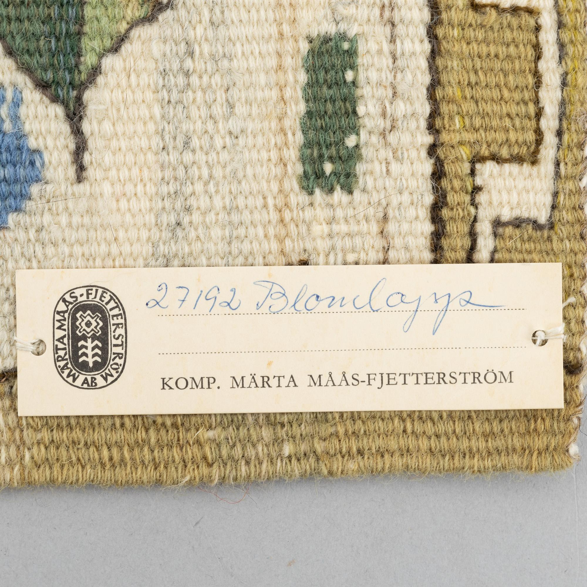 Märta Måås-Fjetterström, a textile, 'Blomlapp (Iris)', tapestry weave, c 28 x 26,5 cm, signed AB MMF.