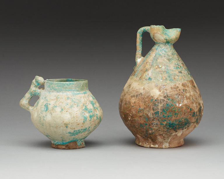 EWER and JUG. Height 23,5 and 13,5 cm. Iran 12th-13th century. The ewer from the Seljuk period, the jug from Kashan.