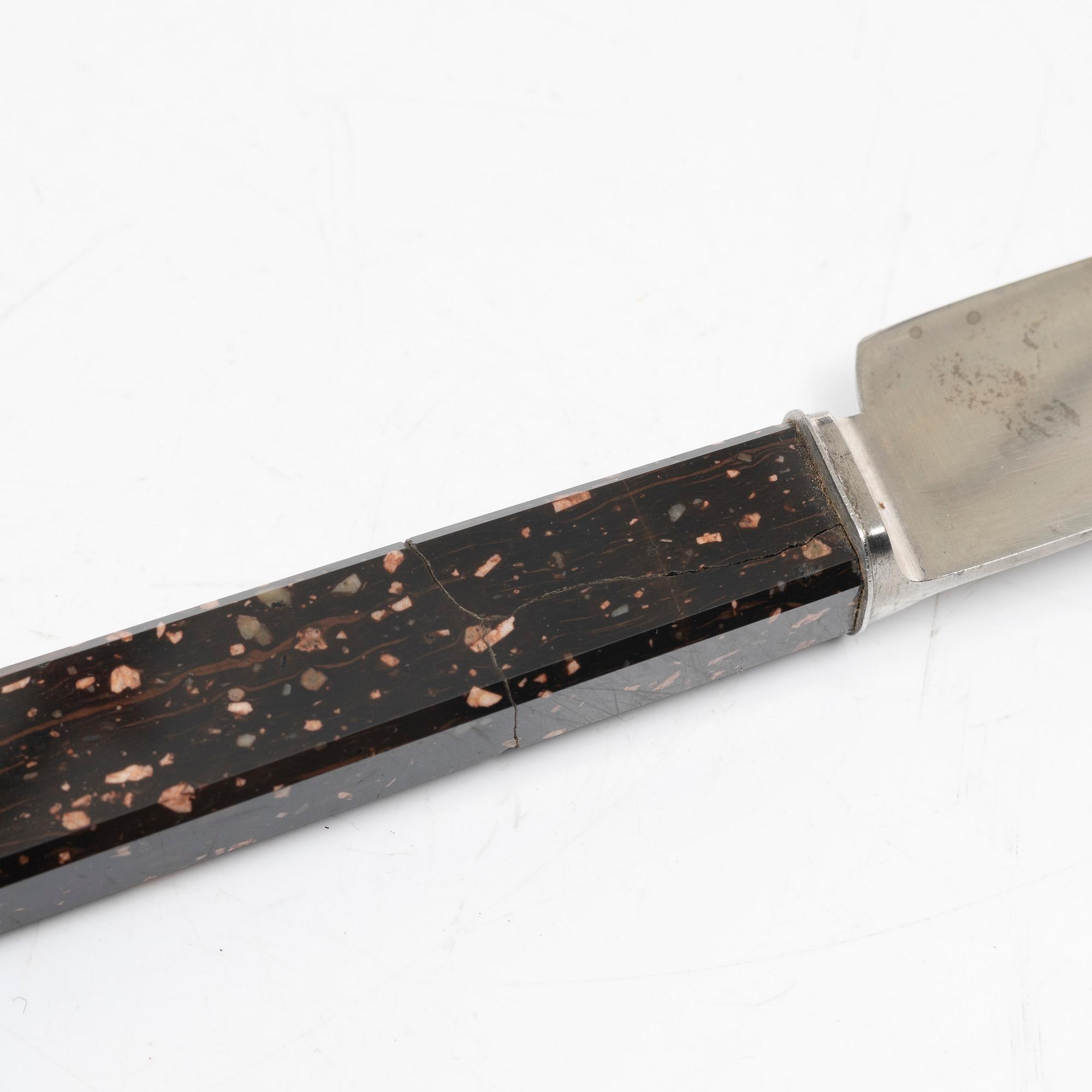 Six 19th century table knives with porphyry handles, Sweden.