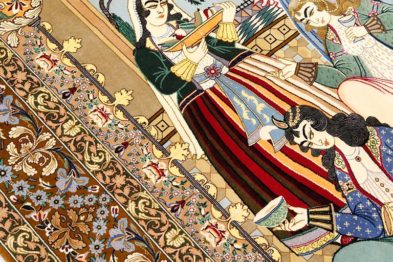 A pictoral part silk, Esfahan rug, signerad, 240 x 158 cm.