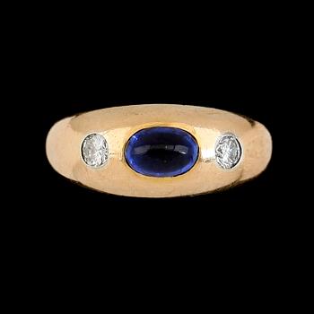 RING, 18K guld, diamanter samt blå sten, svenska stämplar. Total vikt ca4 g.
