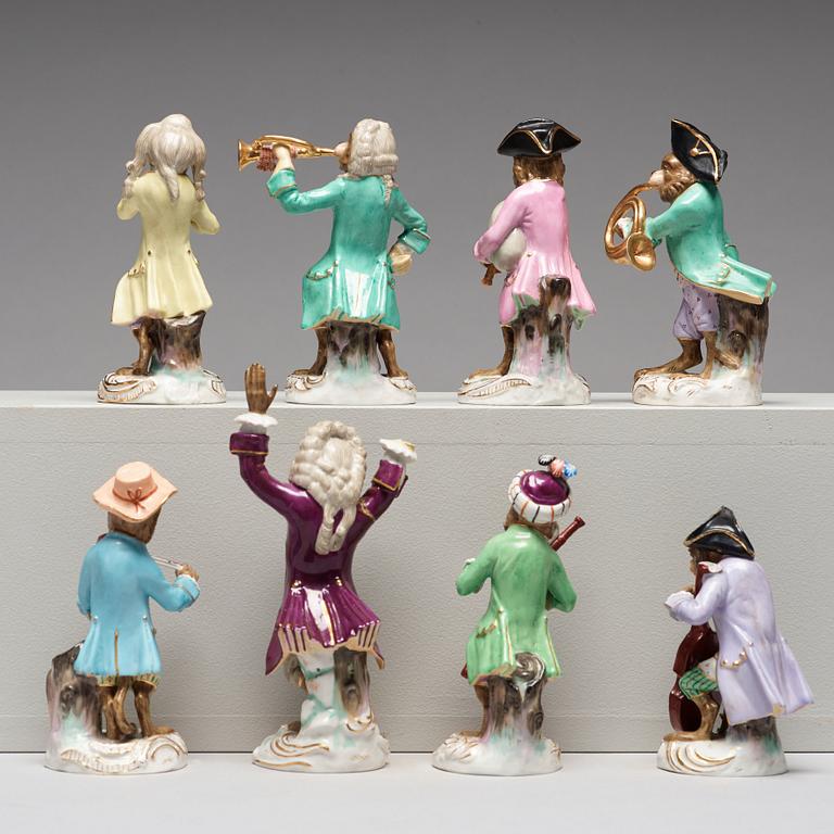 A set of eight figures from the 'Affenkapelle', after a model by Meissen, 20th Century.