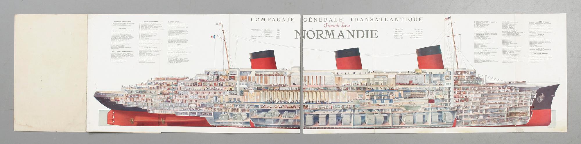 AFFISCH, "Cie.Gle. Transatlantique, French Line, Normandie", illustreration av Andre Wilquin, 1935.