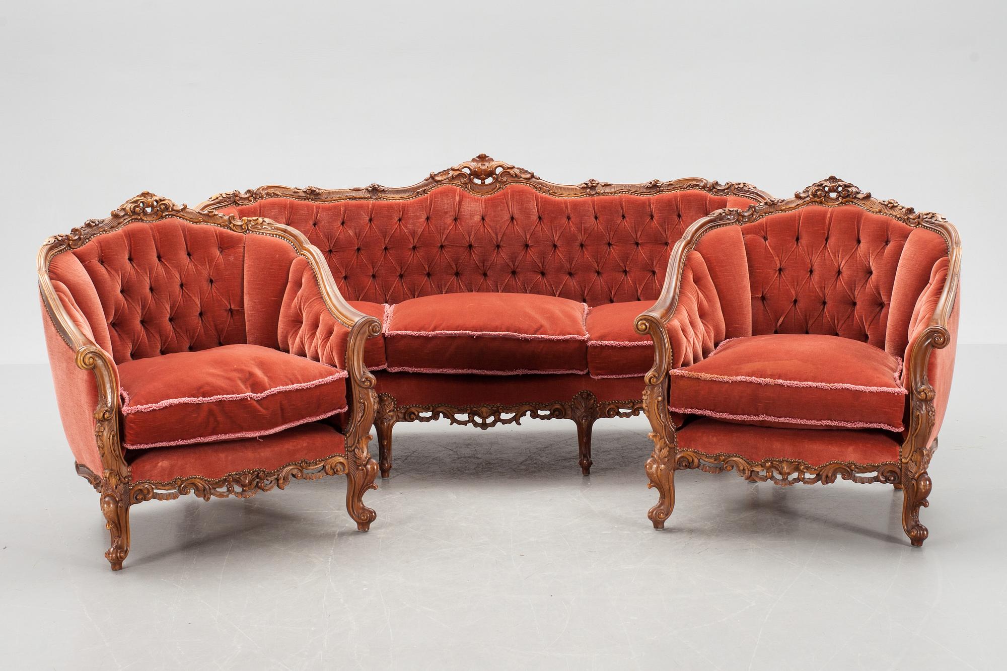 SOFFA samt FÅTÖLJER, ett par, rokokostil, 1900-talets andra hälft.