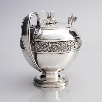 A silver pitcher with lid, unidentified maker LH, 19th century.
