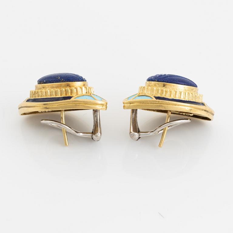 A pair of earrings in 18K gold with lapis lazuli and enamel.