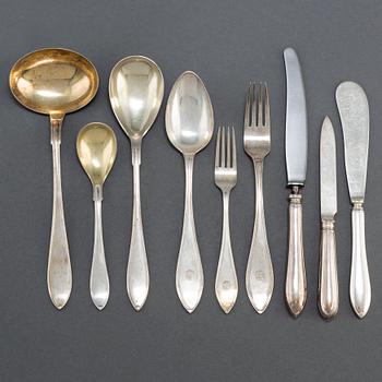 BESTICKSERVIS, silver, 56 delar, "Svensk spetsig" olika smeder, 1900-tal.