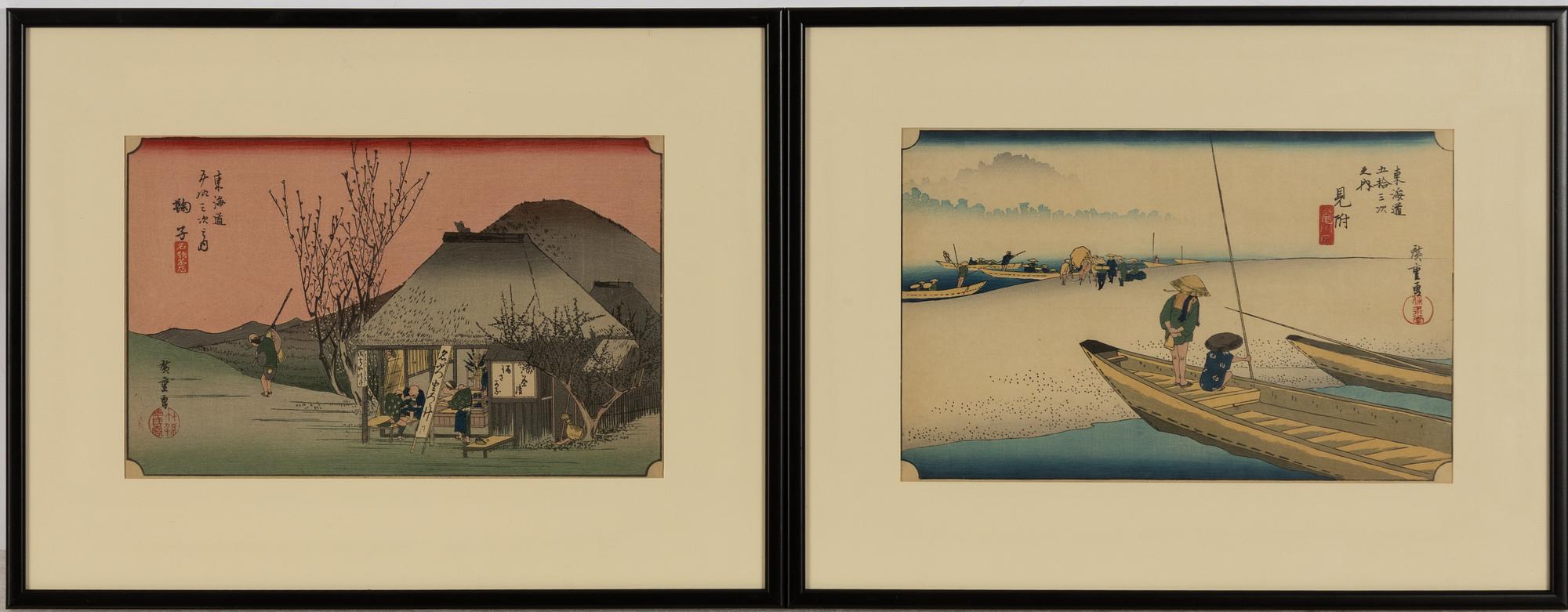 Ando Utagawa Hiroshige, after, two woodblock prints from the series 'The Fifty-three Stations of the Tōkaidō'.