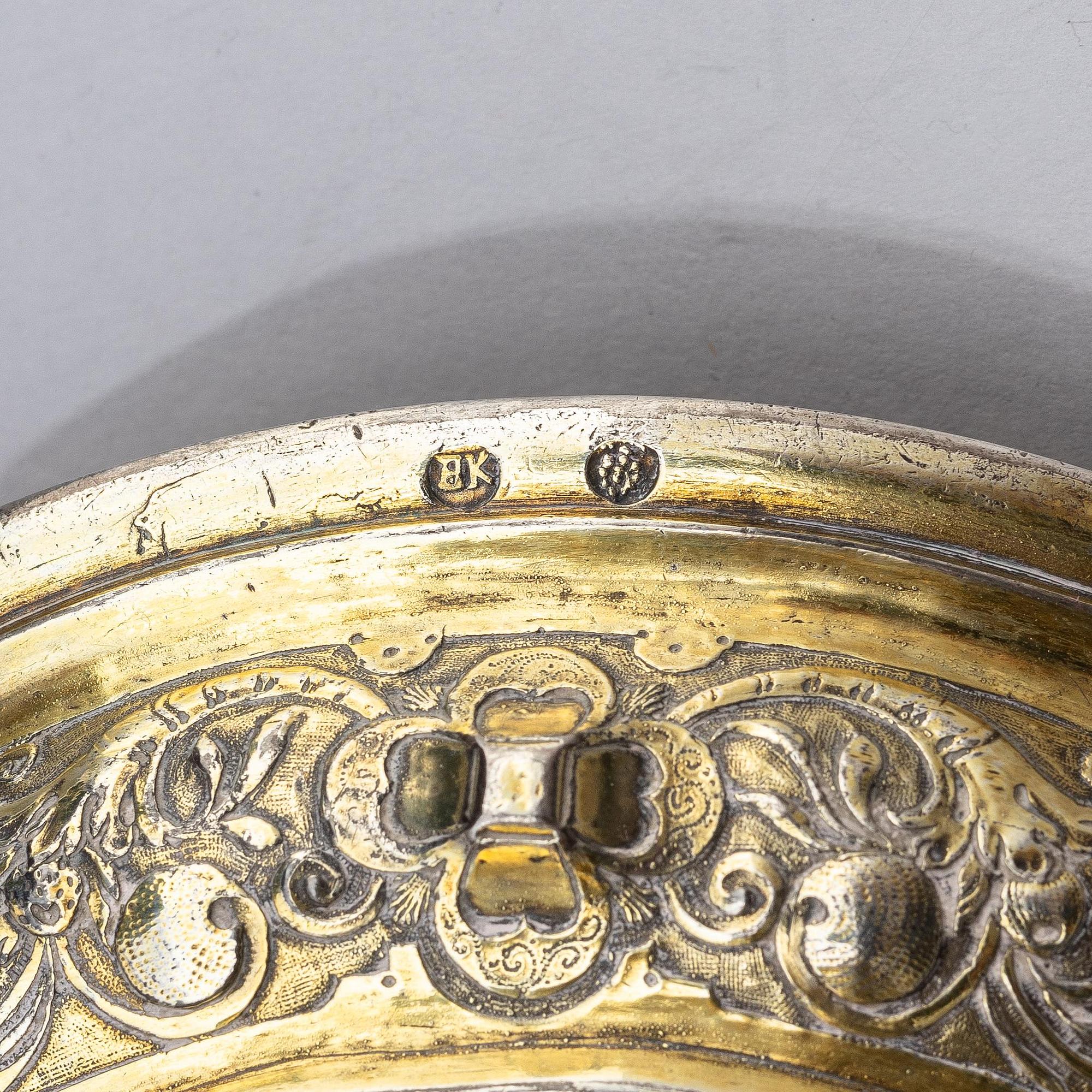 A partially gilded silver chalice, historicism, 19th century, baroque style, fantasy marks.