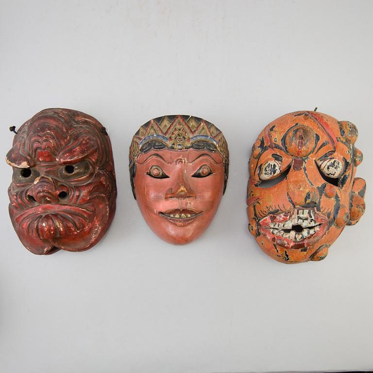 A group of dancing maskes, mostly Japanese Bugagku masks, Meiji period (1868-1912).