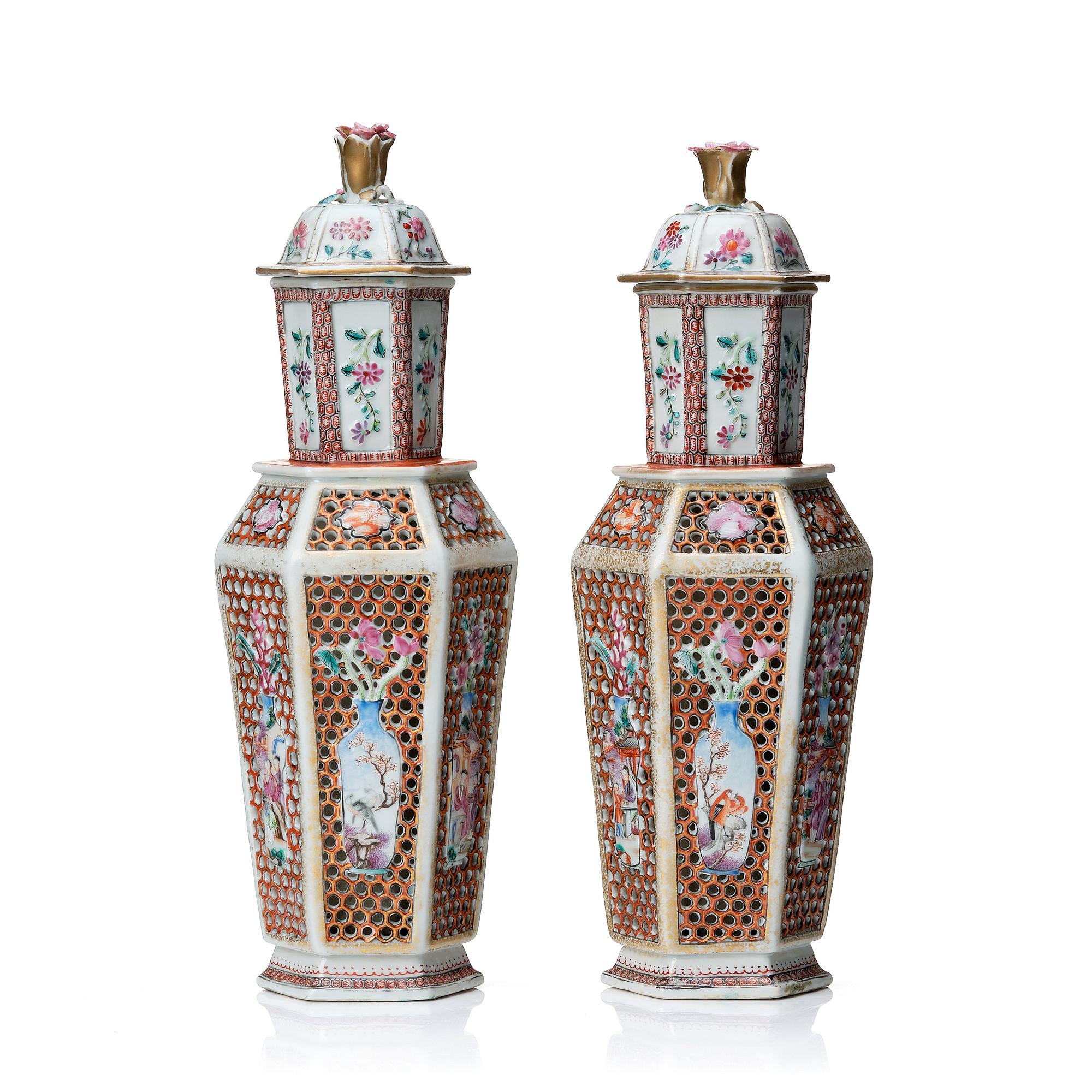 A pair of famille rose vases with covers, Qing dynasty, Qianlong (1736-95).