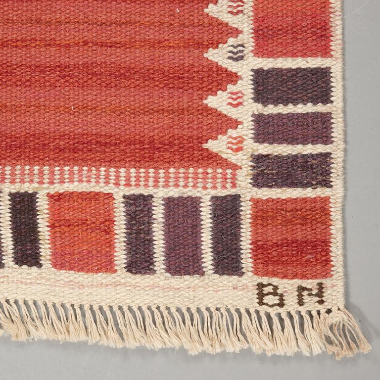 Barbro Nilsson, A CARPET, "Salerno kallröd med enkel bård", flat weave, ca 217 x 149,5 cm, signed AB MMF BN.